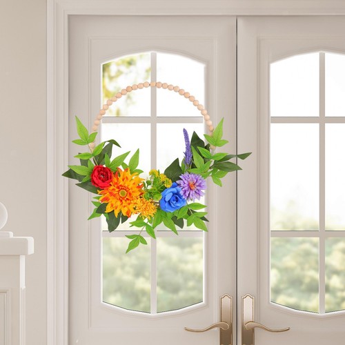 Front door wreath wooden beads - front,
